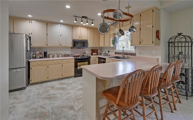 dining area featuring lofted ceiling and light carpet