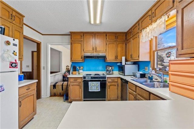 kitchen with sink, a textured ceiling, white refrigerator, stainless steel dishwasher, and range with electric cooktop