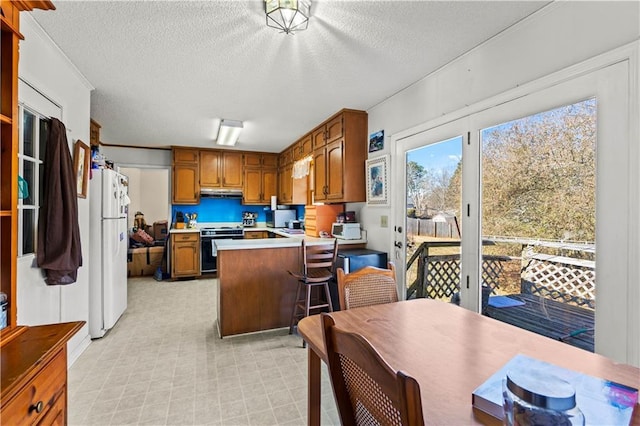 kitchen featuring stove, kitchen peninsula, a textured ceiling, and white fridge