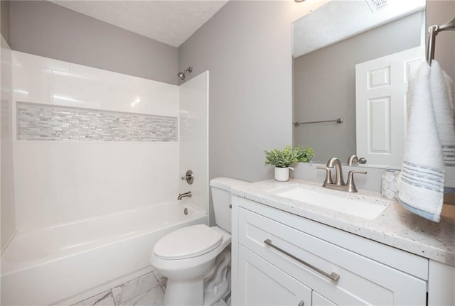 full bathroom with vanity, a textured ceiling, bathing tub / shower combination, and toilet