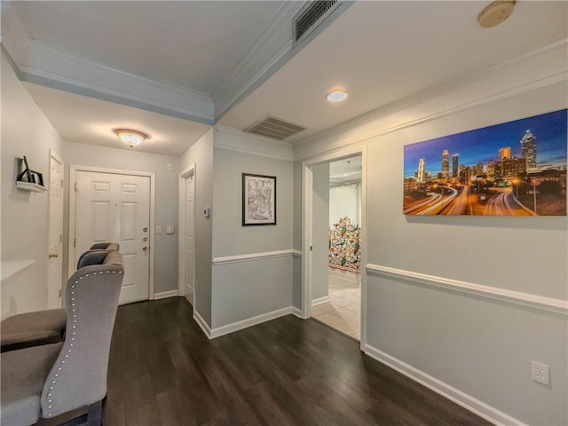 2700 Pine Tree Rd NE Unit 1013, Atlanta, GA 30324 - corridor with ornamental molding, dark wood-type flooring, baseboards, recessed lighting, and a city view
