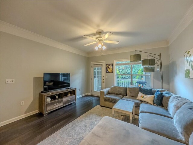 2700 Pine Tree Rd NE Unit 1013, Atlanta, GA 30324 - living area with dark wood-style floors, a ceiling fan, crown molding, and baseboards