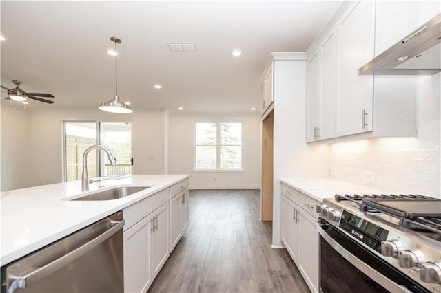 816 Dodd Trl S Unit 172, Buford, GA 30518 - kitchen featuring appliances with stainless steel finishes, a sink, wall chimney range hood, light countertops, and white cabinets