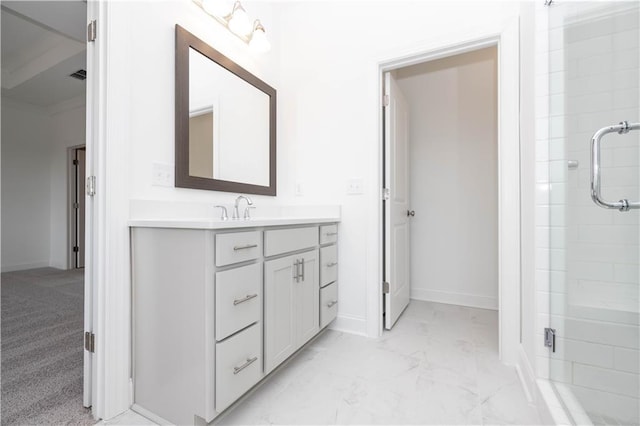 816 Dodd Trl S Unit 172, Buford, GA 30518 - bathroom with a shower stall, vanity, marble look tile flooring, and baseboards