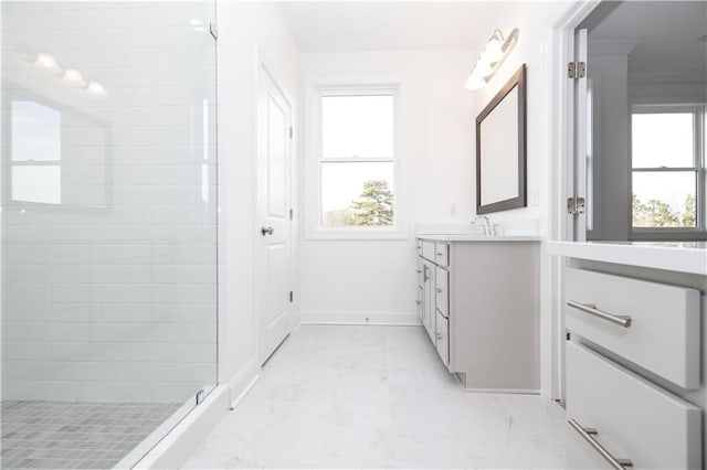 816 Dodd Trl S Unit 172, Buford, GA 30518 - full bathroom with plenty of natural light, marble look tile flooring, vanity, and tiled shower