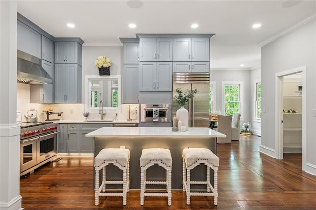 kitchen with ventilation hood, a breakfast bar, gray cabinets, crown molding, and premium appliances