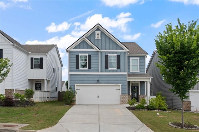 5755 Turnstone Trl, Flowery Branch, GA 30542 - craftsman-style house featuring board and batten siding, concrete driveway, a garage, and a front lawn