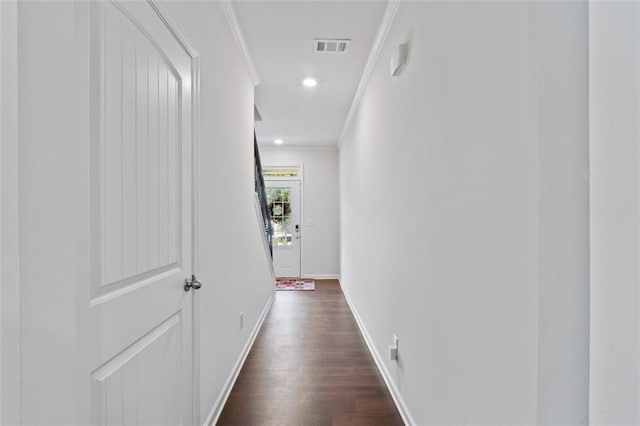 5755 Turnstone Trl, Flowery Branch, GA 30542 - hall with crown molding, dark wood-style floors, baseboards, and recessed lighting