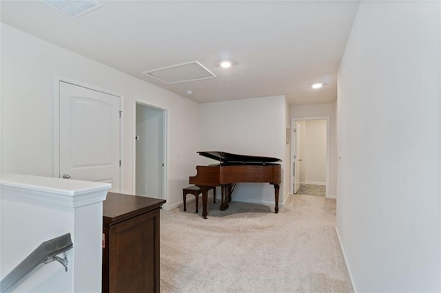 5755 Turnstone Trl, Flowery Branch, GA 30542 - sitting room with light colored carpet, baseboards, recessed lighting, and attic access