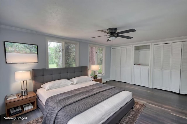 bedroom with dark wood-type flooring, ornamental molding, two closets, and a ceiling fan