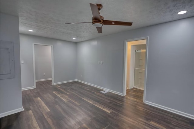 unfurnished room with baseboards, a ceiling fan, wood finished floors, recessed lighting, and a textured ceiling