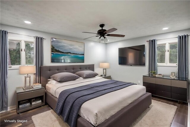 bedroom featuring wood finished floors, recessed lighting, and ceiling fan