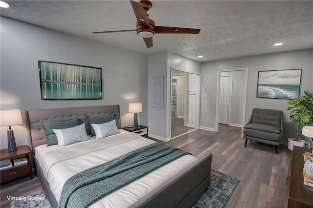 bedroom featuring baseboards, wood finished floors, recessed lighting, and a ceiling fan