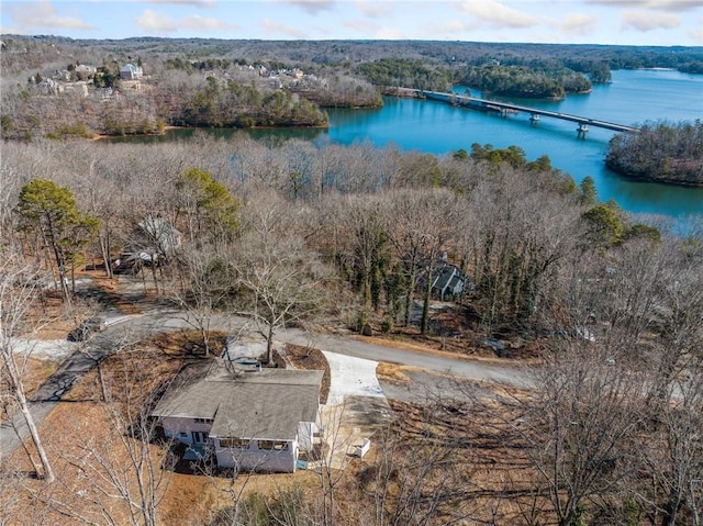 drone / aerial view with a water view and a forest view