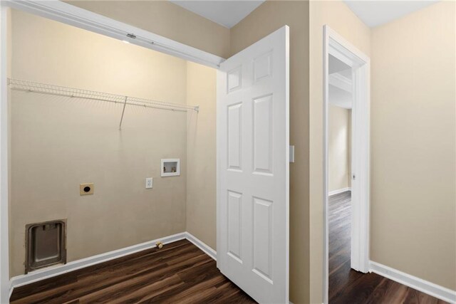5159 Wellsley Bnd, Alpharetta, GA 30005 - washroom with dark wood-type flooring, washer hookup, baseboards, and electric dryer hookup