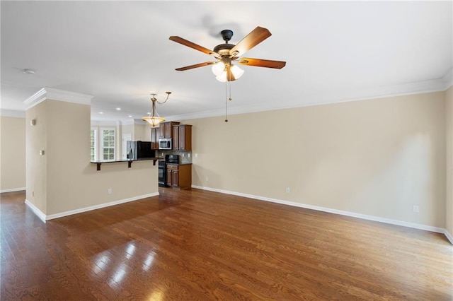 5159 Wellsley Bnd, Alpharetta, GA 30005 - unfurnished living room featuring ornamental molding, ceiling fan, dark wood-type flooring, and baseboards
