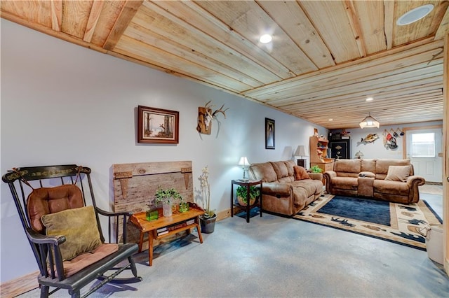 living room with concrete floors and wood ceiling