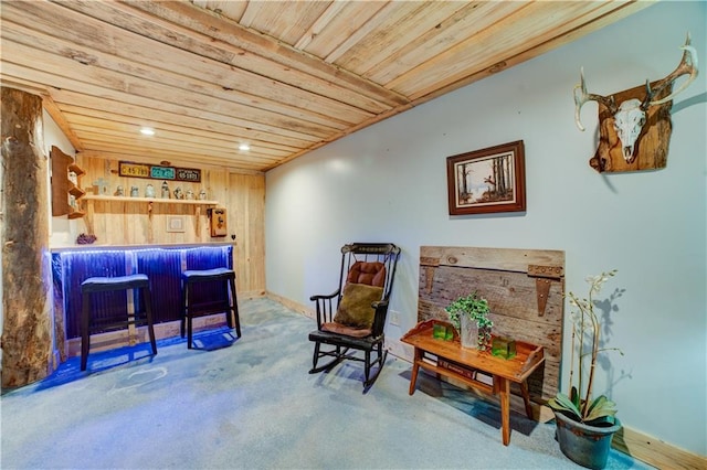 sitting room with bar area, carpet, and wood ceiling