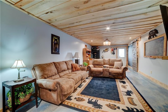 living room featuring wooden ceiling