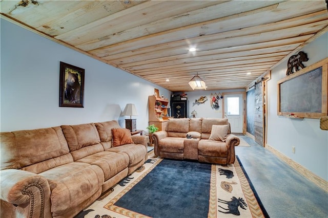 living room with wooden ceiling