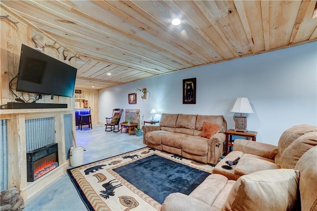 living room featuring wooden ceiling