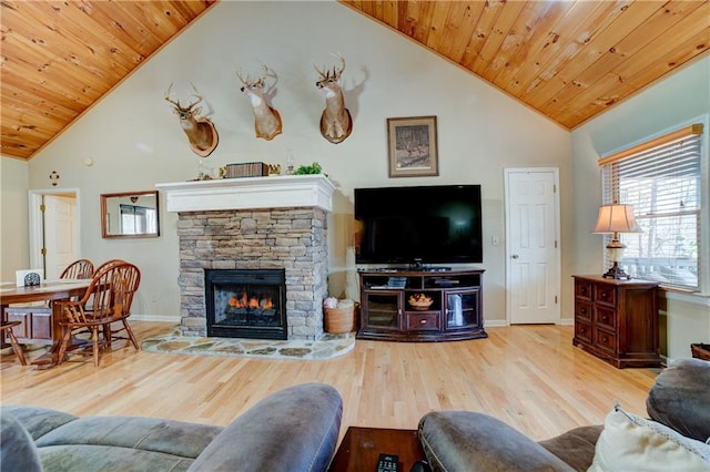 living room featuring a stone fireplace, high vaulted ceiling, wood ceiling, and light wood-type flooring