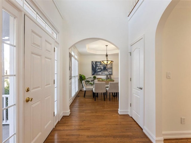 entryway with dark hardwood / wood-style flooring and a raised ceiling