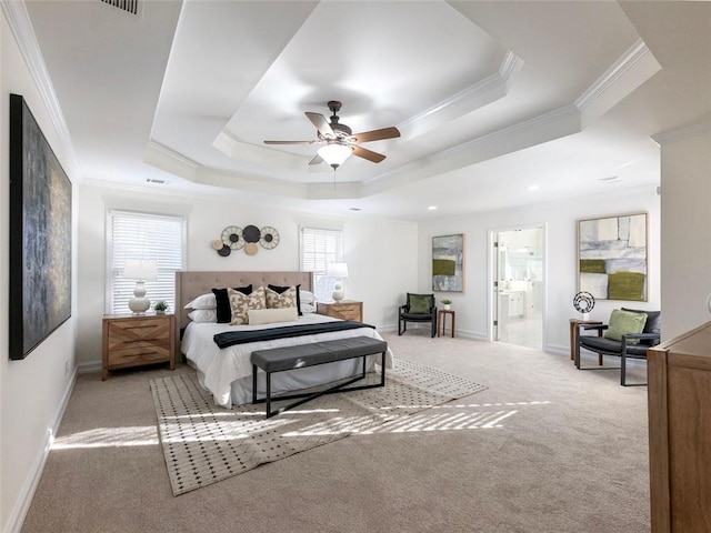 2750 Olde Towne Pkwy, Duluth, GA 30097 - bedroom featuring a tray ceiling, carpet, ornamental molding, multiple windows, and baseboards