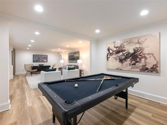2750 Olde Towne Pkwy, Duluth, GA 30097 - rec room featuring billiards table, light wood-type flooring, recessed lighting, baseboards, and crown molding