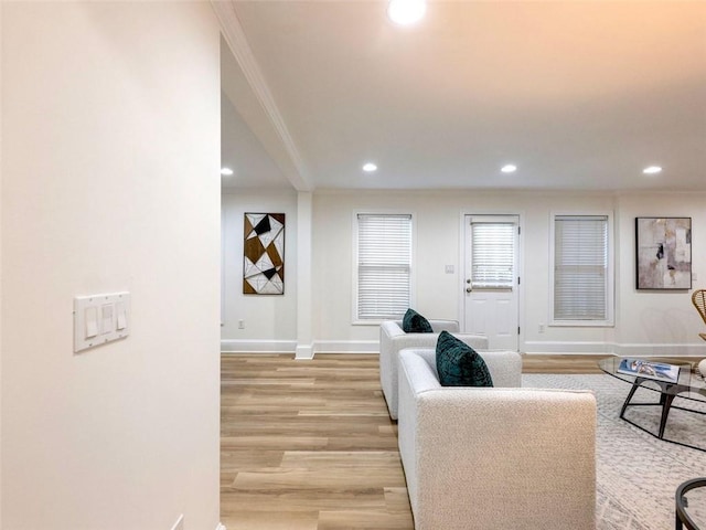 living room with light hardwood / wood-style flooring and crown molding