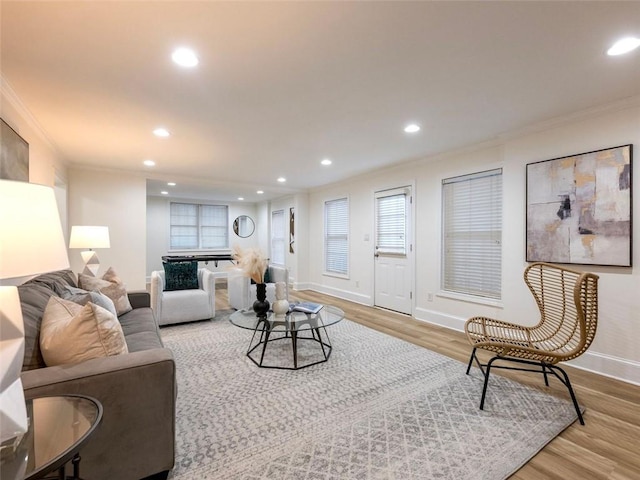 2750 Olde Towne Pkwy, Duluth, GA 30097 - living room featuring ornamental molding, recessed lighting, wood finished floors, and baseboards