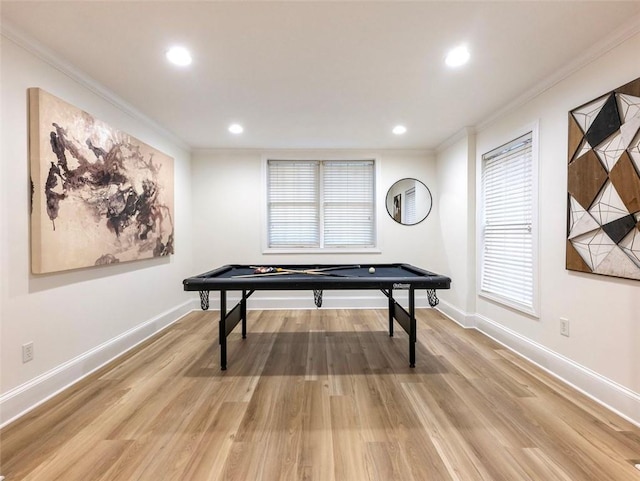 2750 Olde Towne Pkwy, Duluth, GA 30097 - recreation room with ornamental molding, light wood-type flooring, recessed lighting, baseboards, and billiards table