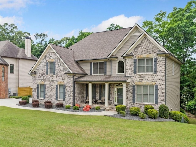 1898 Alcovy Shoals Blf SE, Lawrenceville, GA 30045 - craftsman inspired home featuring a porch, brick siding, a front lawn, and a shingled roof