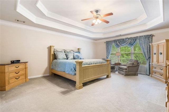 1898 Alcovy Shoals Blf SE, Lawrenceville, GA 30045 - bedroom featuring a raised ceiling, ornamental molding, light colored carpet, and a ceiling fan