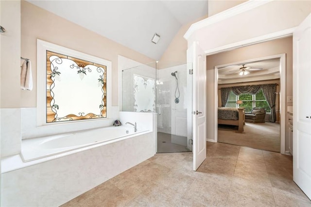 1898 Alcovy Shoals Blf SE, Lawrenceville, GA 30045 - ensuite bathroom featuring a stall shower, a bath, lofted ceiling, and tile patterned floors