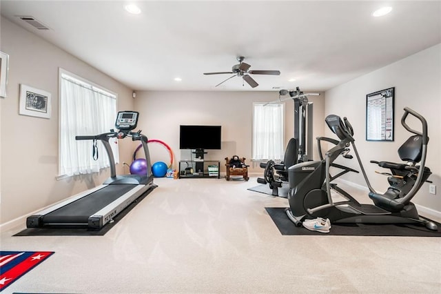 1898 Alcovy Shoals Blf SE, Lawrenceville, GA 30045 - workout room featuring a ceiling fan, carpet, recessed lighting, and baseboards