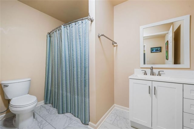 1898 Alcovy Shoals Blf SE, Lawrenceville, GA 30045 - bathroom with marble finish flooring, vanity, toilet, baseboards, and a shower with shower curtain