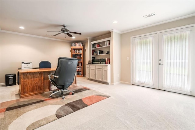 1898 Alcovy Shoals Blf SE, Lawrenceville, GA 30045 - office with light colored carpet, ornamental molding, ceiling fan, french doors, and baseboards