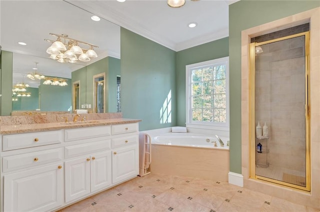 bathroom with a notable chandelier, ornamental molding, and a shower stall