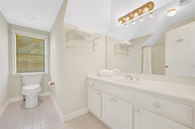 full bathroom featuring tile patterned flooring, visible vents, baseboards, toilet, and vanity