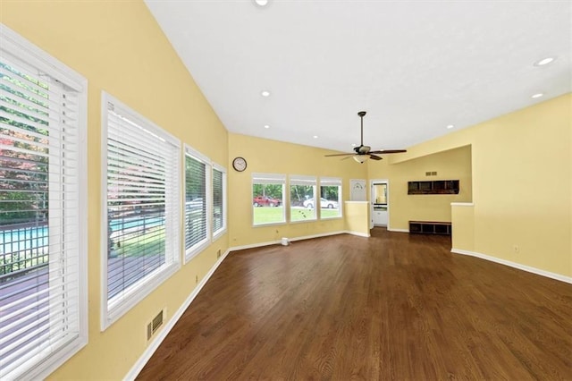 unfurnished living room featuring dark wood-type flooring, baseboards, a ceiling fan, and recessed lighting