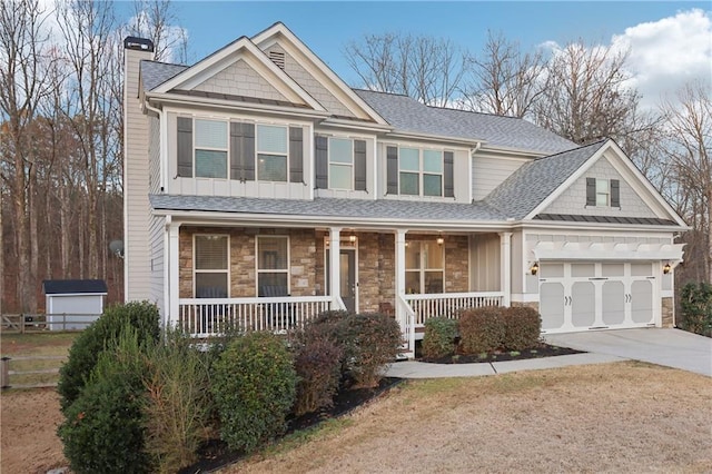 craftsman house featuring driveway, stone siding, a porch, an attached garage, and a shingled roof