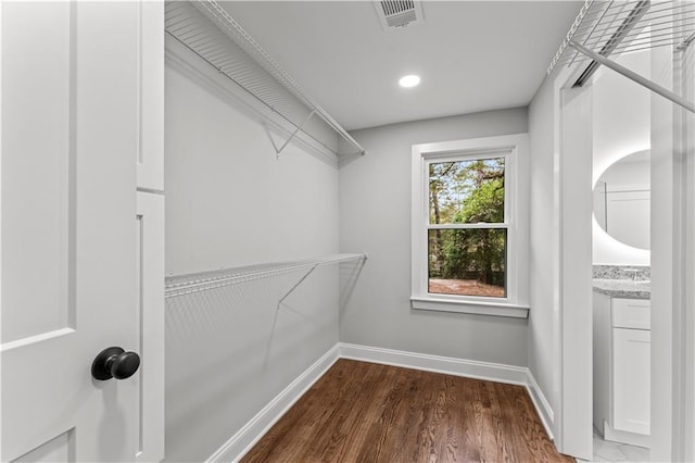 walk in closet featuring dark hardwood / wood-style flooring