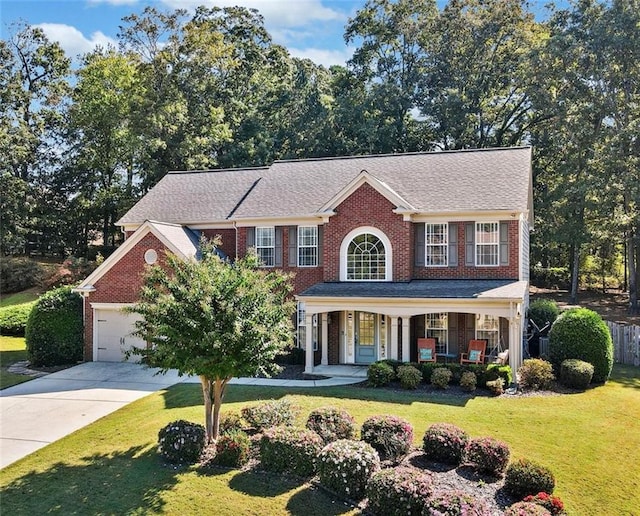 colonial inspired home featuring a garage, a front lawn, and covered porch