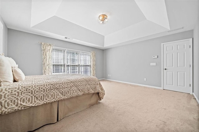 carpeted bedroom with a tray ceiling