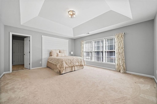 carpeted bedroom featuring a tray ceiling