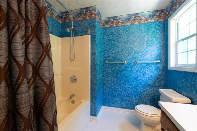5425 Windswept Trce, Sugar Hill, GA 30518 - bathroom featuring vanity, toilet, wallpapered walls, baseboards, and shower / bathtub combination with curtain