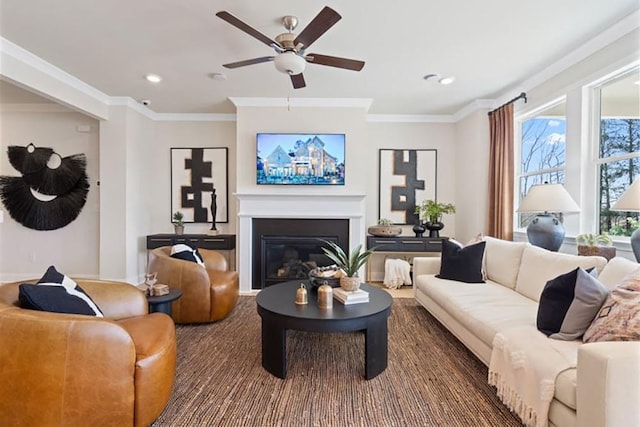 living room with ceiling fan and ornamental molding