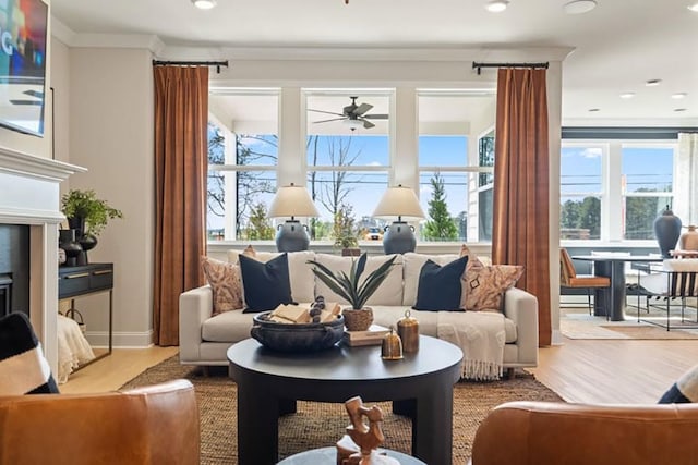 living room with light hardwood / wood-style floors and ceiling fan