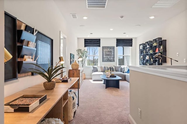 living room with light carpet